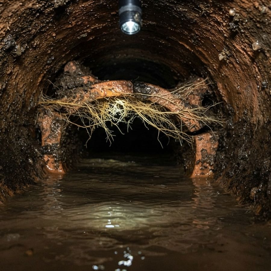 Roots through an open clay joint. Rodding punches a hole through them; by spring they have closed it again.